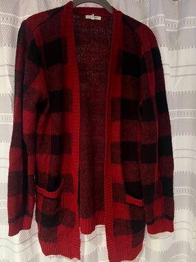Maurices Red and Black Buffalo Plaid Open-Front Cardigan
